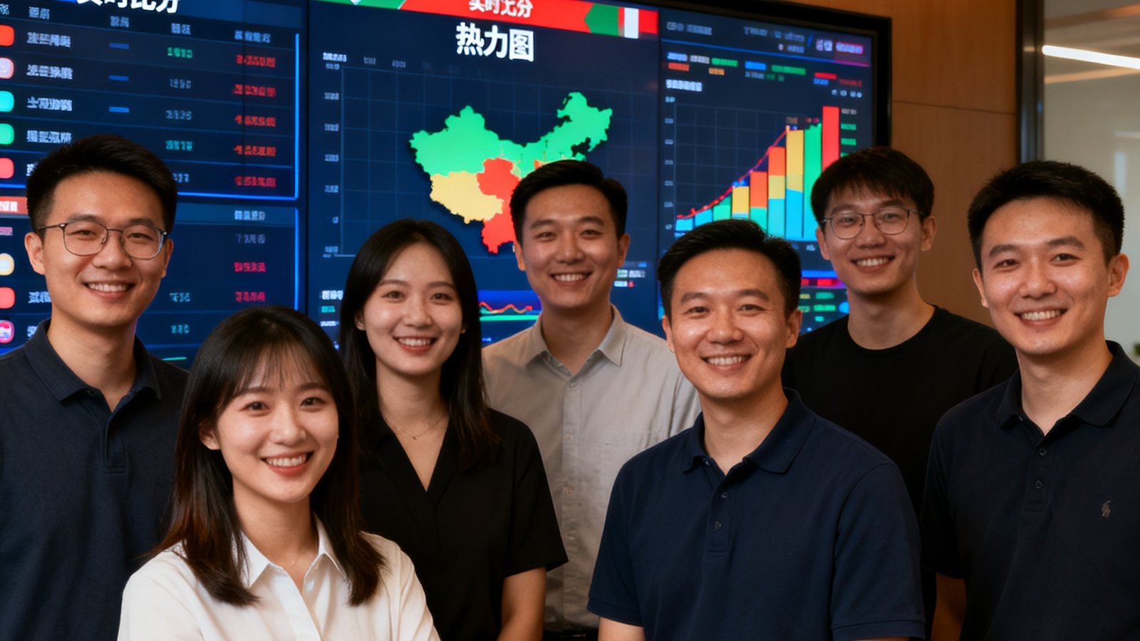 世界杯官网团队成员围站在数据大屏前，大屏显示实时比分和热力图，大家面带微笑